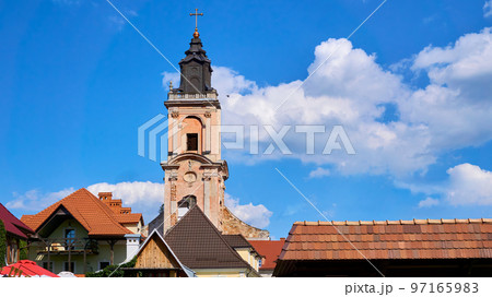 Roofs and courtyard the medieval city and the belfry of the Christian Cathedral 97165983