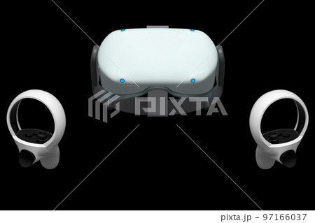 Virtual reality glasses and controllers for online gaming on black background 97166037