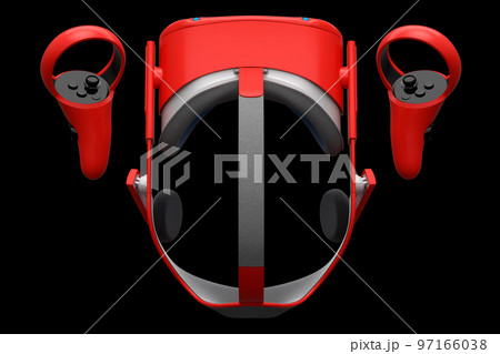Virtual reality glasses and controllers for online gaming on black background Virtual reality glasses and controllers for online gaming on black background 97166038