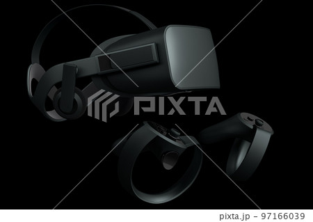 Virtual reality glasses and controllers for online gaming on black background 97166039