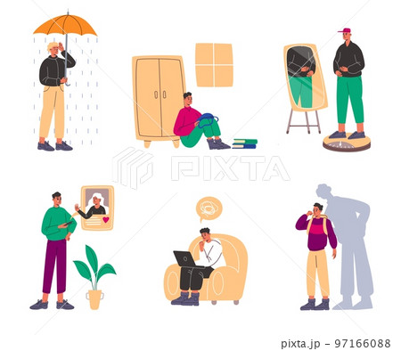 Teens mental problems. Teenagers in unhappy emotions. Depressed and worried people. Despaired introvert students. Communication crisis. Fears or complexes. Vector teenage troubles set 97166088