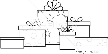 black and white graphic simple drawing of gift boxes of different sizes, isolated element, decor 97166099