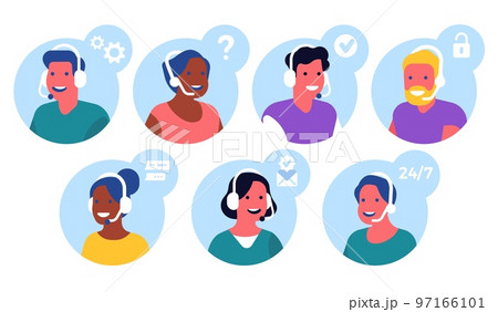 Support operator icons. Clients care. Assistance service. People faces. Agent professional help. Chatbot and web hotline. Assistants with headphones. Call center. Vector consultants set 97166101