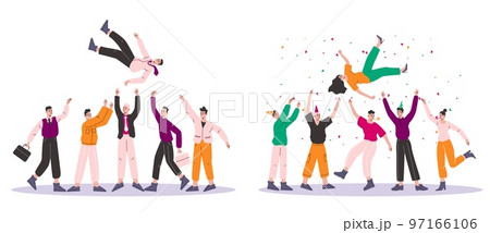 People tossing up. Happy friends throw birthday girl into air. Business workers team congratulates. Employees victory celebration. Winner honoring. Vector cheerful persons groups set People tossing up. Happy friends throw birthday girl into air. Business workers team congratulates. Employees victory celebration. Winner honoring. Vector cheerful persons groups set 97166106