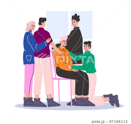 Group support therapy. Hugging people comfort frustrated guy. Psychological emotional help and empathy. Moral team assistance. Sympathetic friends. Care of depressed man. Vector concept Group support therapy. Hugging people comfort frustrated guy. Psychological emotional help and empathy. Moral team assistance. Sympathetic friends. Care of depressed man. Vector concept 97166115