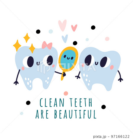 Children dentistry banner. Cartoon teeth characters. Everyday oral hygiene steps. Molars look at mirror. Mascots with funny faces. Stomatology and dental care. Vector kids educational card 97166122
