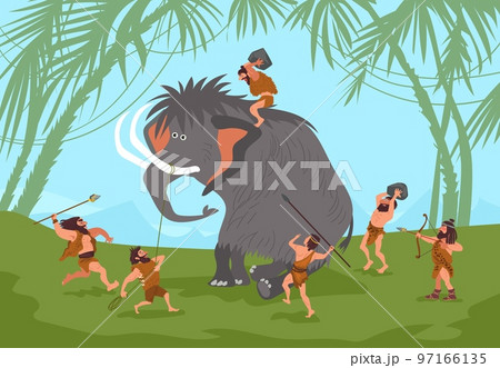 Cartoon cavemen hunting mammoth. Stone age people with spears and arrows. Primitive weapons. Prehistoric food extraction. Hunters attacking animal. Splendid vector anthropology concept 97166135