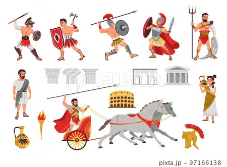 Ancient Rome objects and warriors. Cartoon gladiator characters. Greek soldiers on chariot. People in armors. Architectural elements. Fighter with spears and axes. Splendid vector set 97166138