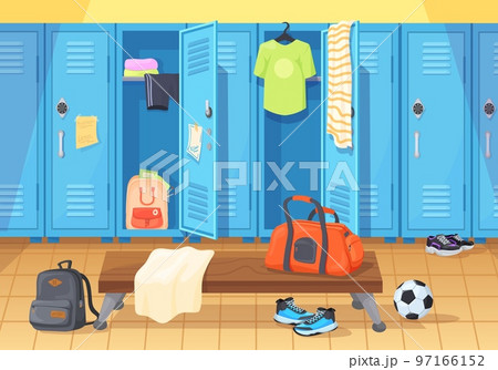 School changing room. University locker gym rooms, dressing storage football or baseball sport team, stadium cartoon wardrobe with bench for uniform change neat vector illustration 97166152