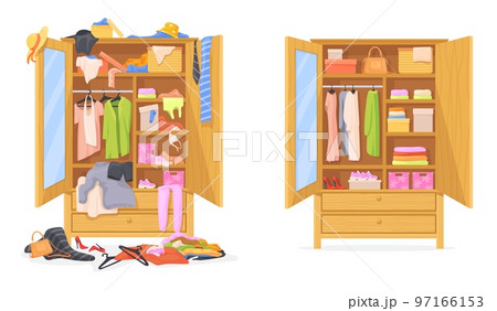 Messy wardrobe. Cleaning throwing things home closet, organize clothing order before mess dress cupboard, untidy lifestyle concept clutter clothes cartoon neat vector illustration 97166153