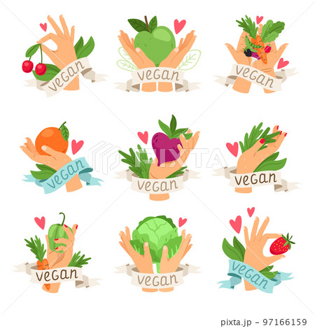 Vegan vector isolated labels with vegetables, fruits, berries and hands. Set of colourful icons for packaging design of vegetarian food 97166159