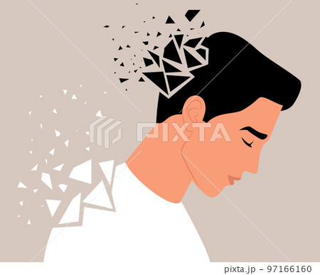 Vector illustration of a sad man broken into many fragments which showing the mental health problems. Concept of depression, anxiety, fatigue 97166160
