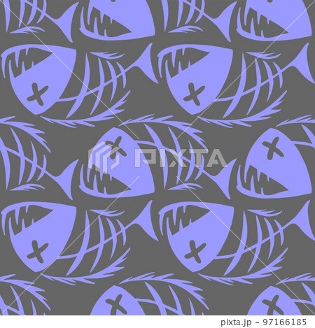bright seamless pattern of blue graphic fish skeletons on a gray background, texture, design bright seamless pattern of blue graphic fish skeletons on a gray background, texture, design 97166185