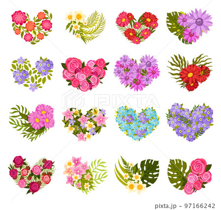 Flower Hearts with Blooming Flora and Foliage Big Vector Set 97166242
