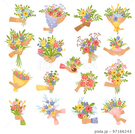 Hands Holding Flower Bouquet with Blooming Buds Big Vector Set 97166243