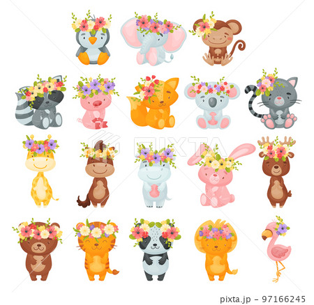 Cute Animals Wearing Blooming Flower Wreath on Their Head Big Vector Set Cute Animals Wearing Blooming Flower Wreath on Their Head Big Vector Set 97166245