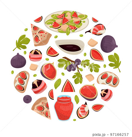 Fig Food Round Composition Design with Ripe Fruit with Purple Skin Vector Template 97166257