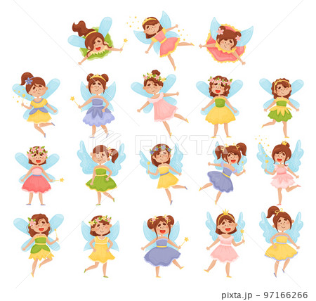 Cute Girls Fairy Flying with Wings and Magic Wand Big Vector Set 97166266