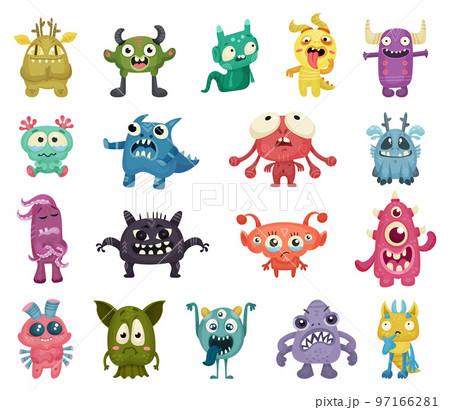 Cute Little Cartoon Monsters with Different Facial Expression Big Vector Set 97166281