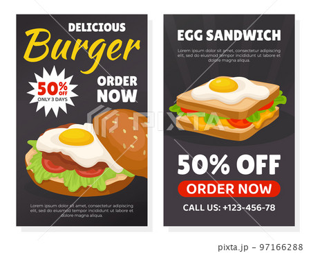 Tasty Egg Food Promotion Flyer Design with Sandwich and Burger with Scrambled Egg Vector Template Tasty Egg Food Promotion Flyer Design with Sandwich and Burger with Scrambled Egg Vector Template 97166288