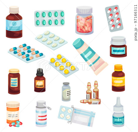 Drugs and Medicines with Pills in Blister Pack and Jars Big Vector Set Drugs and Medicines with Pills in Blister Pack and Jars Big Vector Set 97166311