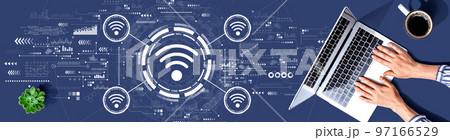 Wifi theme with person using a laptop 97166529