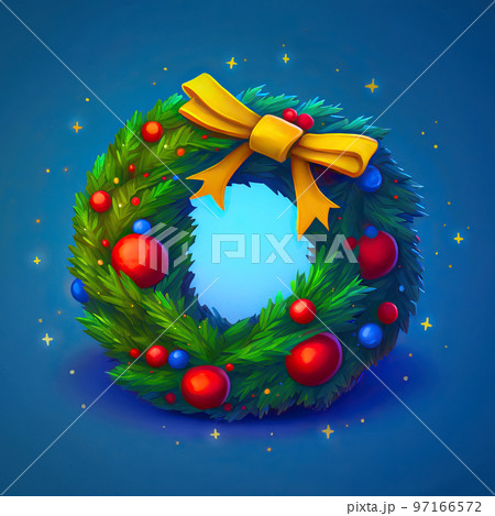 Christmas wreath of fir tree branches with cones decorated with red ribbon and bow over dark background. Digital illustration Christmas wreath of fir tree branches with cones decorated with red ribbon and bow over dark background. Digital illustration 97166572