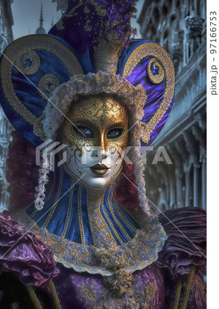 Woman Wearing Venetian Style Mask, Costume and Hat at the Venice Carnival 97166753