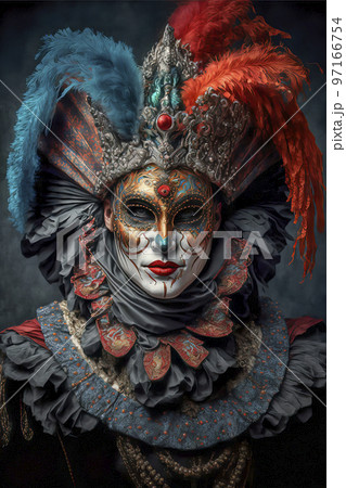 Man Wearing Venetian Style Mask, Costume and Hat at the Venice Carnival 97166754