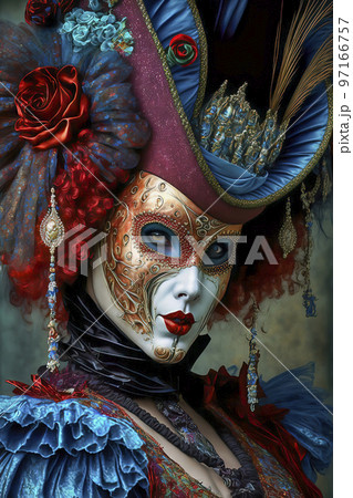 Woman Wearing Venetian Style Mask, Costume and Hat at the Venice Carnival Woman Wearing Venetian Style Mask, Costume and Hat at the Venice Carnival 97166757