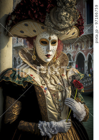 Woman Holding a Flower and Wearing Mystic Elegant Venetian Mask, Costume and Flowered Hat is shown near a Canal at the Venice Carnival 97166759