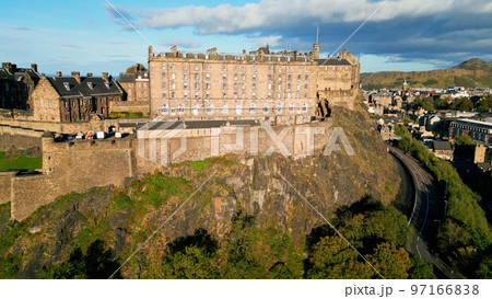 Famous Edinburgh Castle on Castle Hill - aerial view 97166838