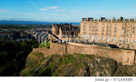 Famous Edinburgh Castle on Castle Hill - aerial view 97166886