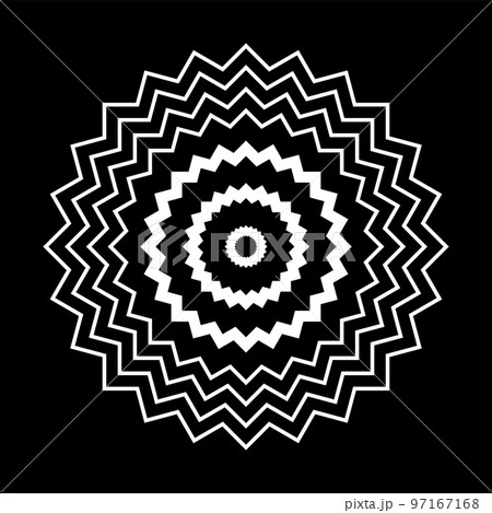 Geometric Circle Zig Zag Lines White Pattern on Black Background. Geometric Circle Zig Zag Lines White Pattern on Black Background. 97167168