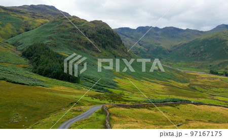 Hardknott Pass at the Lake District National Park - aerial view - travel photography 97167175