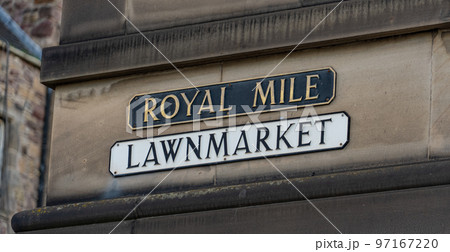 Street sign Royal Mile Lawnmarket in Edinburgh 97167220