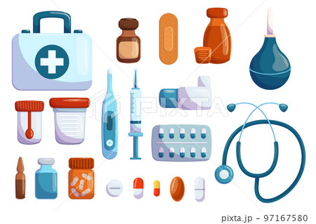 Set Medical Box, Bottle With Iodine, Plaster And Clyster. Container For Analysis, Stethoscope Or Medicine Pills 97167580