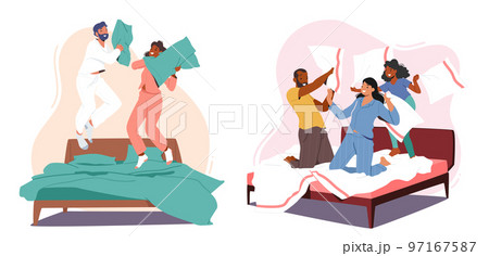 Family Characters Fight on Pillows. Happy Young Couple, Parents with Child Jumping on Bed in Bedroom and Hit Each Other 97167587