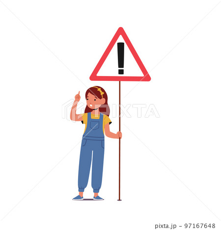 Cute Little Baby Girl Holding Road Sign With Exclamation Symbol Isolated On White Background. Child With Caution Banner Cute Little Baby Girl Holding Road Sign With Exclamation Symbol Isolated On White Background. Child With Caution Banner 97167648