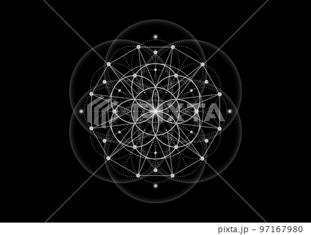 Sacred Geometry, Flower of Life, lotus flower mandala. White Neon vintage logo Symbol of Harmony and Balance, Glowing Geometrical Ornament, yoga relax, vector isolated on black background 97167980