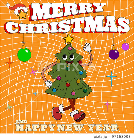 Groovy hippie Christmas poster. Christmas tree in trendy retro cartoon style 97168003