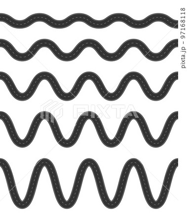 Set of empty winding roads with marking. Asphalt roadways horizontal top view. Seamless highway template. Element of city street or countryside freeway Set of empty winding roads with marking. Asphalt roadways horizontal top view. Seamless highway template. Element of city street or countryside freeway 97168118