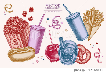 Carnival food vintage illustrations collection. Hand drawn logo designs with french fries, pretzel, popcorn, lemonade, hot dog, mulled wine, caramel apple, ribbons. Carnival food vintage illustrations collection. Hand drawn logo designs with french fries, pretzel, popcorn, lemonade, hot dog, mulled wine, caramel apple, ribbons. 97168119