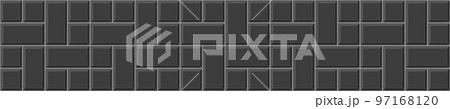 Black pinwheel tile horizontal background. Kitchen backsplash mosaic surface. Bathroom, shower or toilet floor decoration. Causeway texture. Stone or ceramic wall pattern 97168120