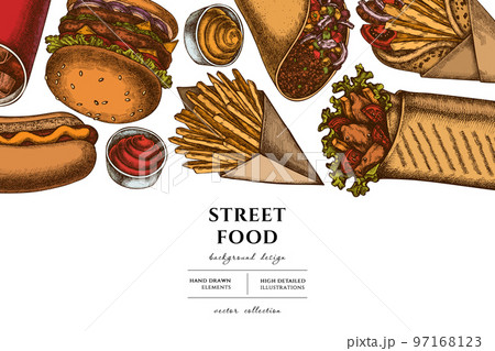 Street food hand drawn illustration design. Background with retro sauces, soda, gyros, burger, taco, shawarma, french fries, hot dog. 97168123
