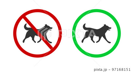 Dogs prohibited and allowed icon. Pets walking ban and friendly zone pictogram. Canine silhouette in red forbidden and green approved sign isolated on white background Dogs prohibited and allowed icon. Pets walking ban and friendly zone pictogram. Canine silhouette in red forbidden and green approved sign isolated on white background 97168151