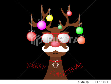 Festive Christmas hipster reindeer wearing Christmas tree with decorative colorful balls on his horns. Holiday theme for children, vector character flat design cartoon isolated on black background Festive Christmas hipster reindeer wearing Christmas tree with decorative colorful balls on his horns. Holiday theme for children, vector character flat design cartoon isolated on black background 97168401