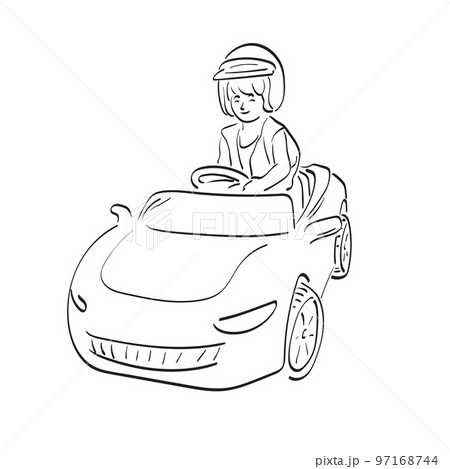 line art boy with helmet playing car toy illustration vector hand drawn isolated on white background 97168744