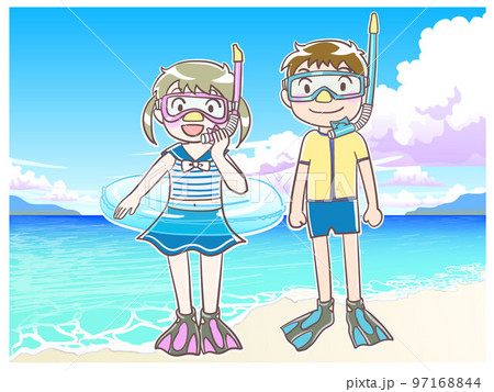 シュノーケルの子供と海の背景 シュノーケルの子供と海の背景 97168844
