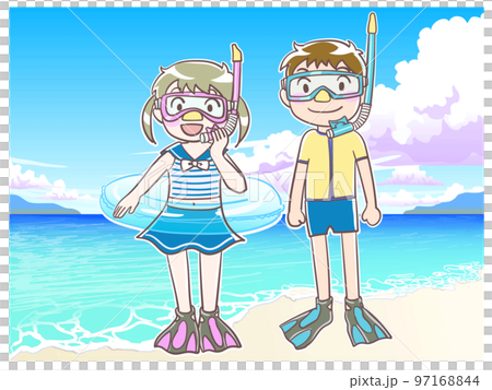 シュノーケルの子供と海の背景 シュノーケルの子供と海の背景 97168844
